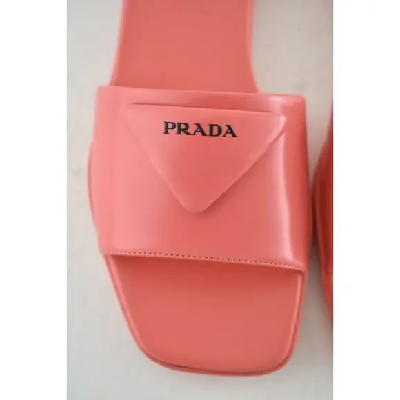 Prada Corallo Red Rubber Leather Triangle Logo Slide Sandal Flip Flop Flat 38.5 - Picture 7 of 12